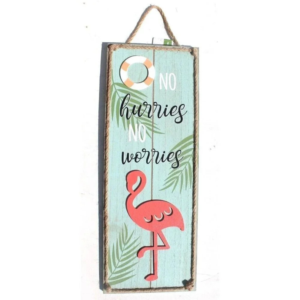 COPY - No Hurries No Worries Pink Flamingo Wood Sign Nautical Rope Beach House …